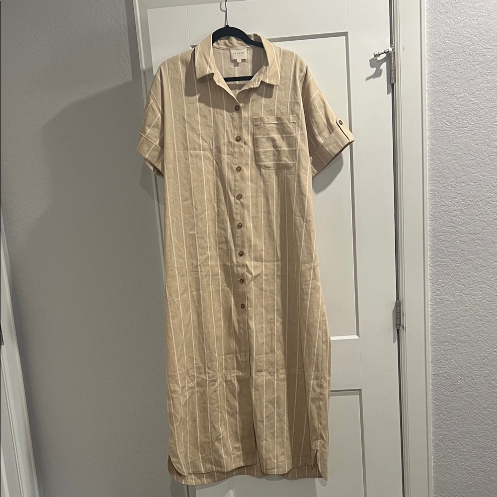 Sezane Cream Striped Midi Shirt Dress